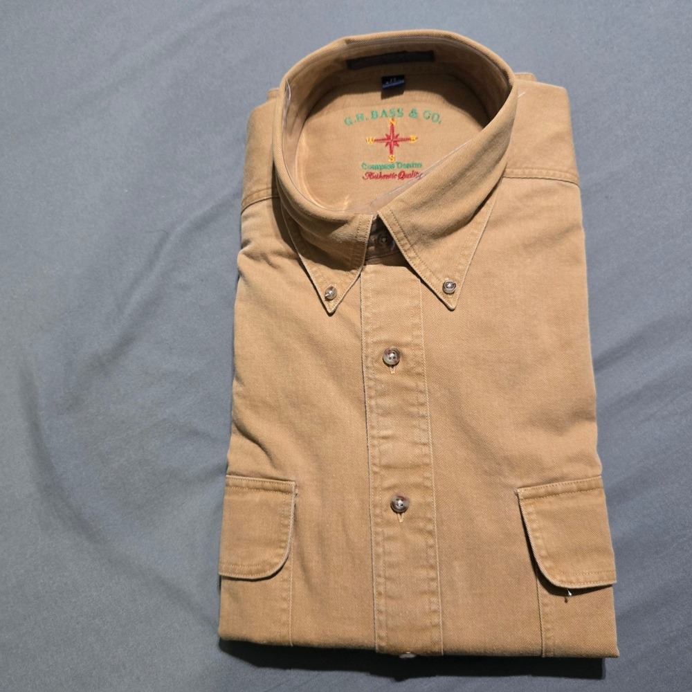 G.H. Bass & Co. Compass Denim Shirt Mens 17 34/35 Tan Button Long Sleeve VTG